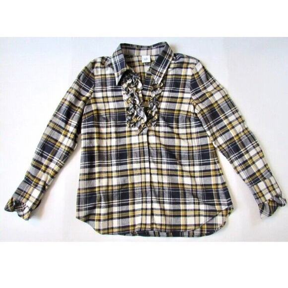 CAbi Tops - Cabi #4233 Seattle Blue Yellow Plaid Flannel Ruffle Front Shirt Blouse M Medium